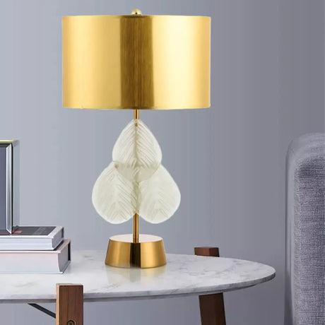 Vintage Drum Glass Table Lamp - White/Gold Finish With Crystal Leaf Decoration 1-Light Bedside