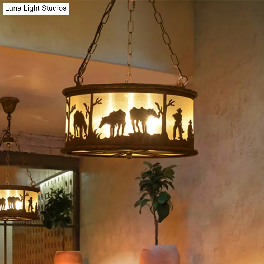 Vintage Drum Pendant Chandelier: 3-Bulb Metal & Fabric Ceiling Lamp With Animal Pattern - Rust