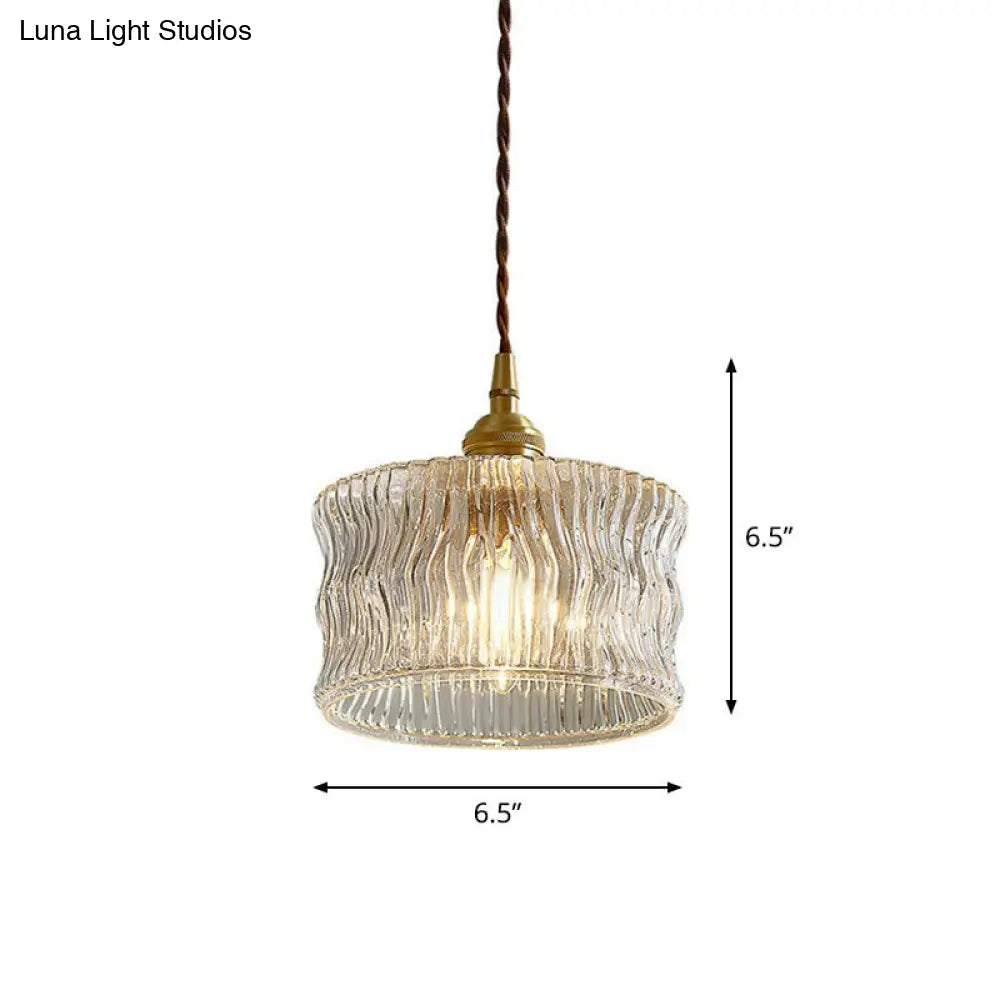 Vintage Drum Pendant Light With Clear Ribbed Glass Shade