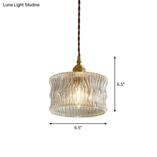 Vintage Drum Pendant Light With Clear Ribbed Glass Shade
