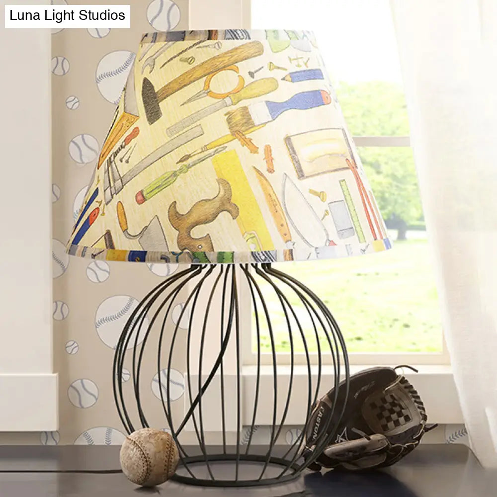 Vintage Fabric Black Nightstand Light With Orb Cage Base - Elegant Desk Lighting For Living Room And