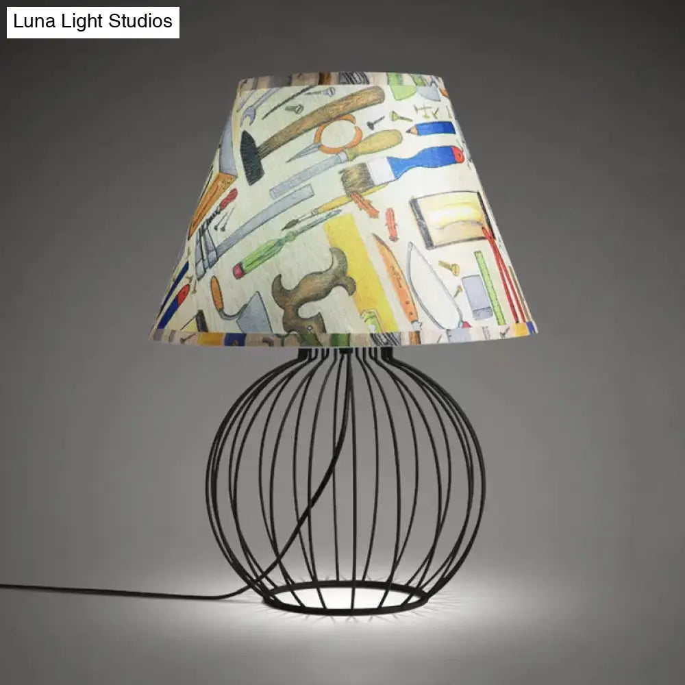 Vintage Fabric Black Nightstand Light With Orb Cage Base - Elegant Desk Lighting For Living Room And