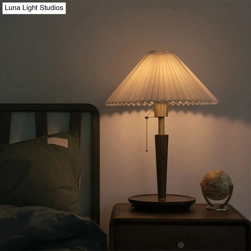 Vintage Fabric Fluted Cone Table Light With Wooden Base And Pull Chain - Ideal For Bedroom Reading