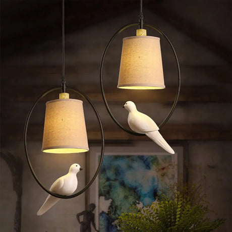 Vintage Fabric Pendant Light With Resin Bird Decor In White 2 /