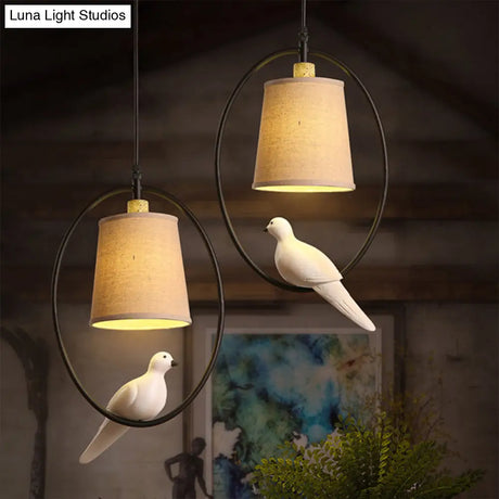 Vintage Fabric Pendant Light With Resin Bird Decor In White
