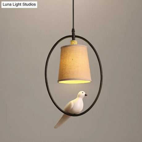Vintage Fabric Pendant Light With Resin Bird Decor In White