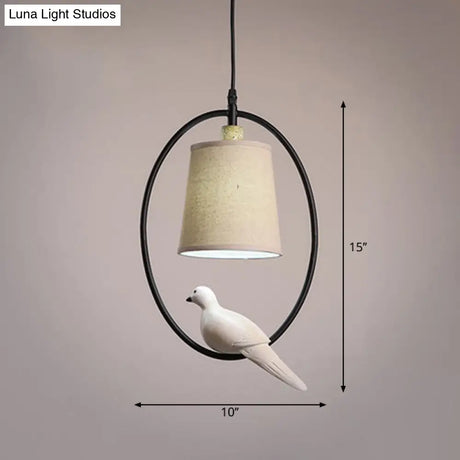 Vintage Fabric Pendant Light With Resin Bird Decor In White