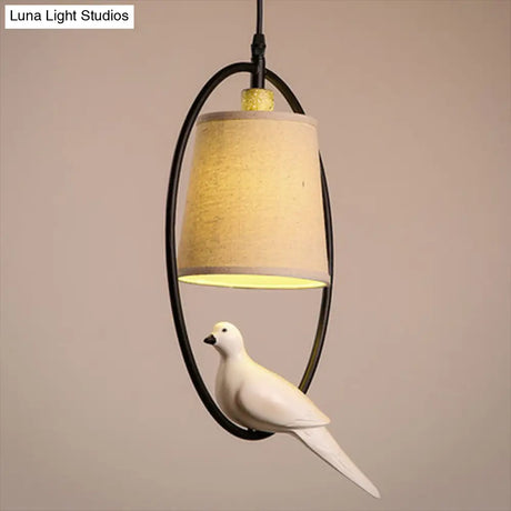 Vintage Fabric Pendant Light With Resin Bird Decor In White