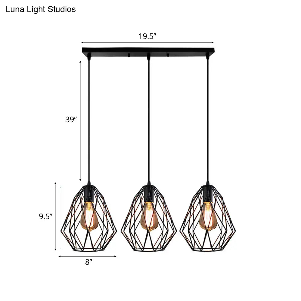 Vintage Faceted Cage Ceiling Fixture 3 Bulbs Pendant Lighting Black Metal For Dining Table