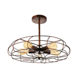 Vintage Fan Shaped 5-Light Iron Ceiling Light With Wire Cage Shade - Semi Flush Mount In Rust/Black