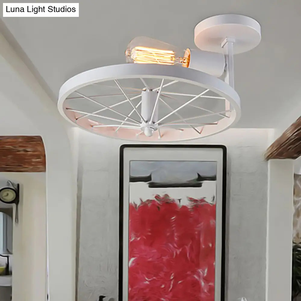 Vintage Farmhouse Ceiling Light With White/Pink Bulb And Wheel Design White