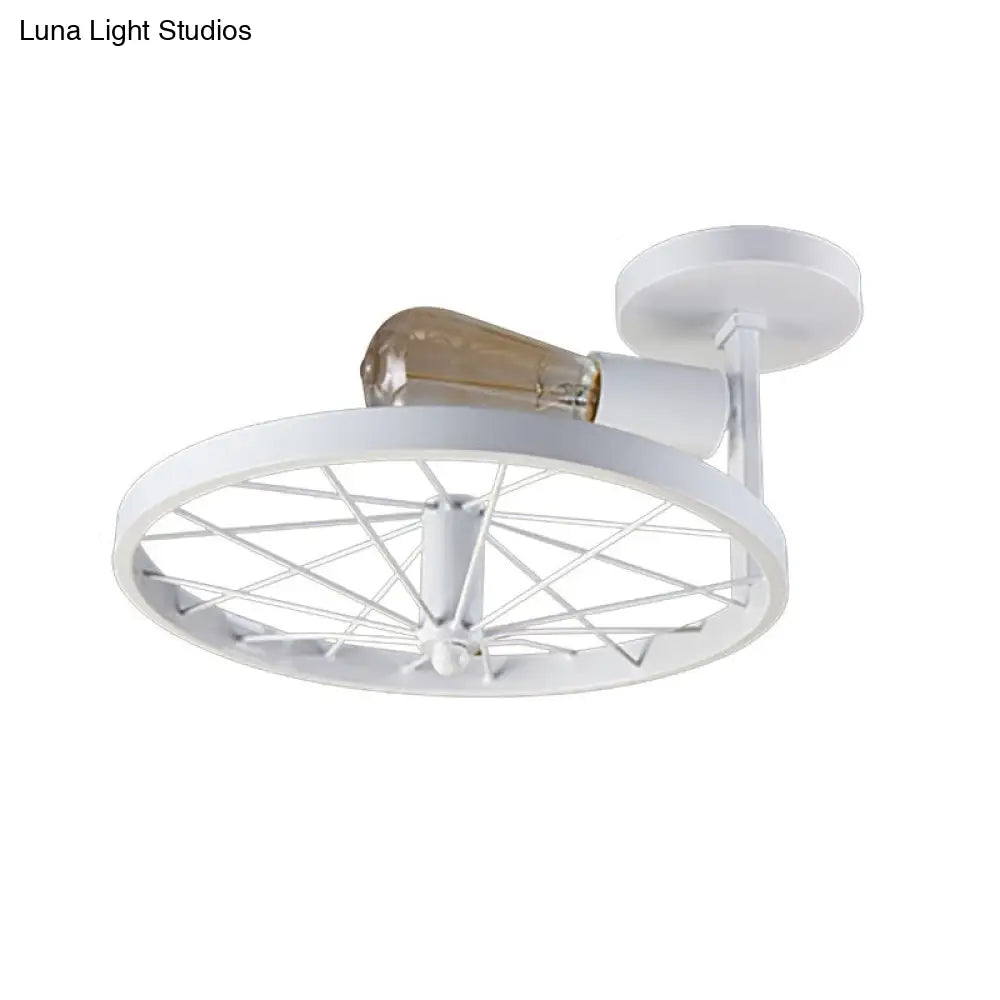 Vintage Farmhouse Ceiling Light With White/Pink Bulb And Wheel Design