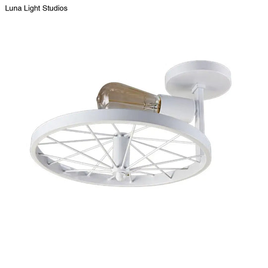Vintage Farmhouse Ceiling Light With White/Pink Bulb And Wheel Design