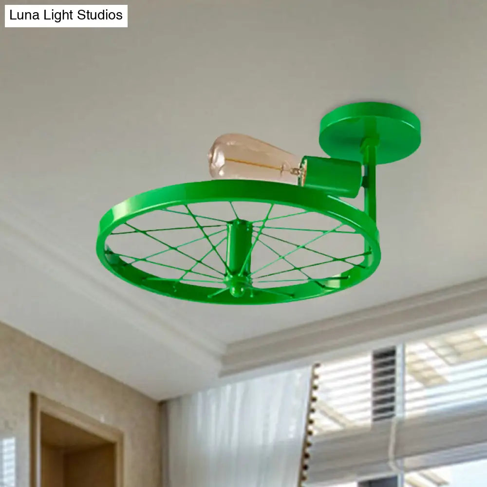 Vintage Farmhouse Ceiling Light With White/Pink Bulb And Wheel Design