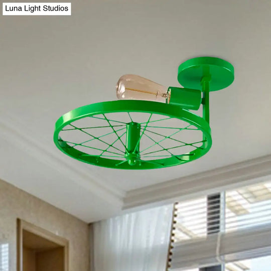 Vintage Farmhouse Ceiling Light With White/Pink Bulb And Wheel Design