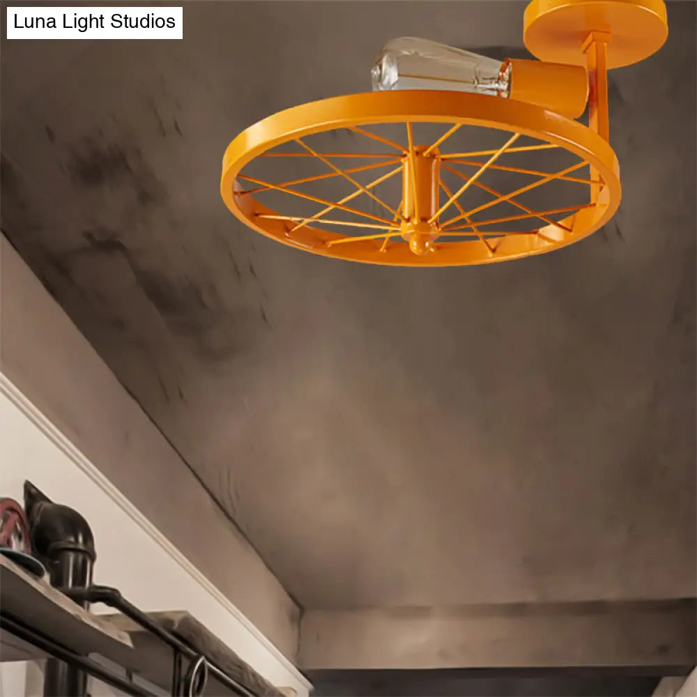 Vintage Farmhouse Ceiling Light With White/Pink Bulb And Wheel Design