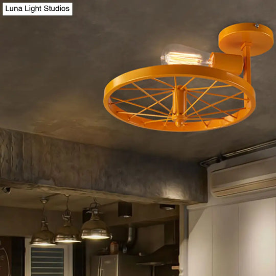 Vintage Farmhouse Ceiling Light With White/Pink Bulb And Wheel Design Yellow
