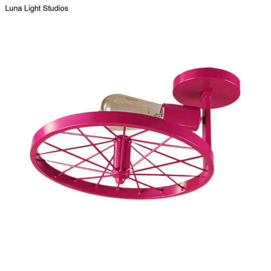 Vintage Farmhouse Ceiling Light With White/Pink Bulb And Wheel Design