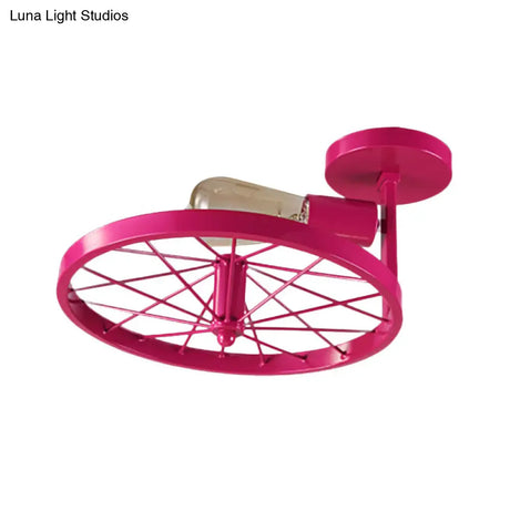 Vintage Farmhouse Ceiling Light With White/Pink Bulb And Wheel Design