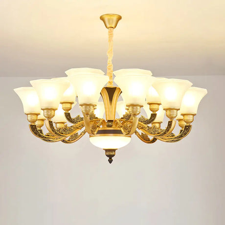 Vintage Flared Suspension Chandelier For Living Room - Cream Frosted Glass Light 18 /