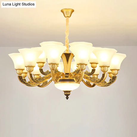 Vintage Flared Suspension Chandelier For Living Room - Cream Frosted Glass Light
