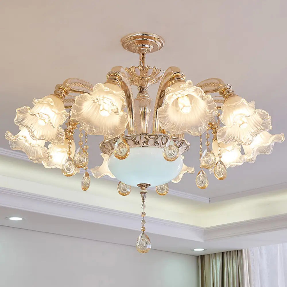 Vintage Floral Chandelier Pendant With Ribbed Ruffle Glass And Crystal Accent 10 / White