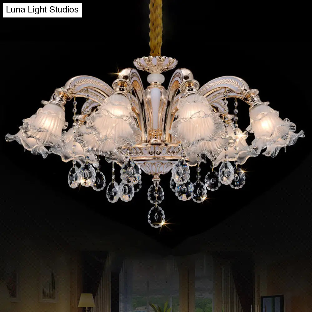Vintage Floral Chandelier Pendant With Ribbed Ruffle Glass And Crystal Accent