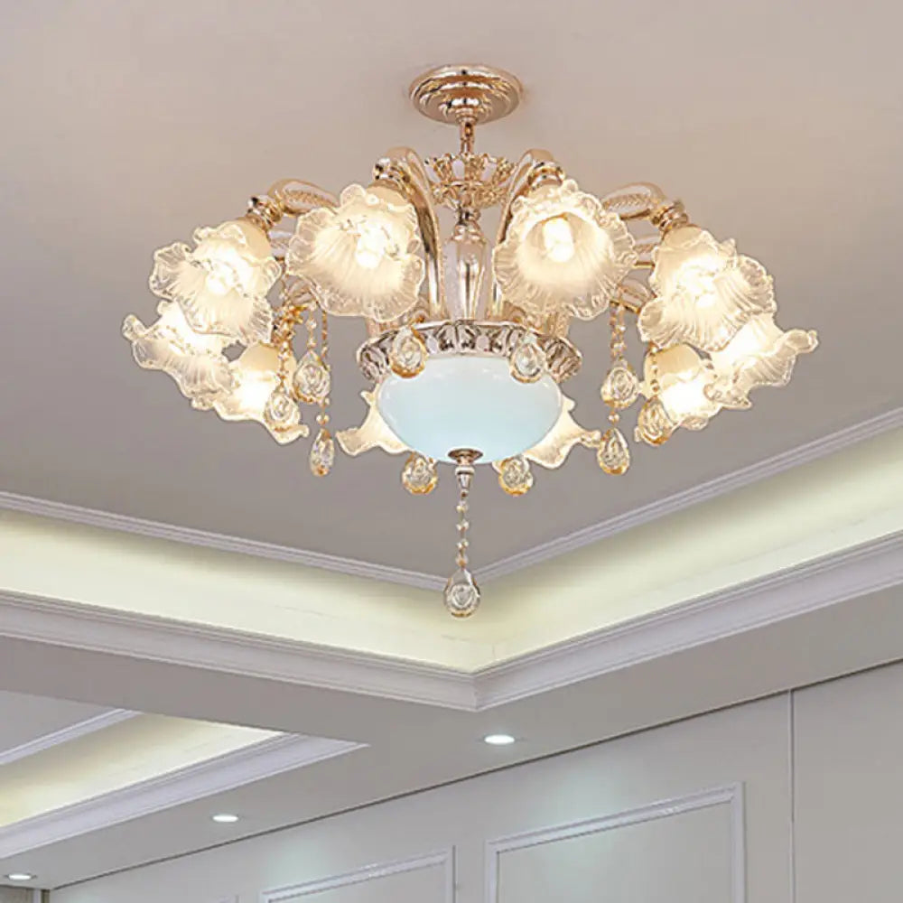 Vintage Floral Chandelier Pendant With Ribbed Ruffle Glass And Crystal Accent 8 / White