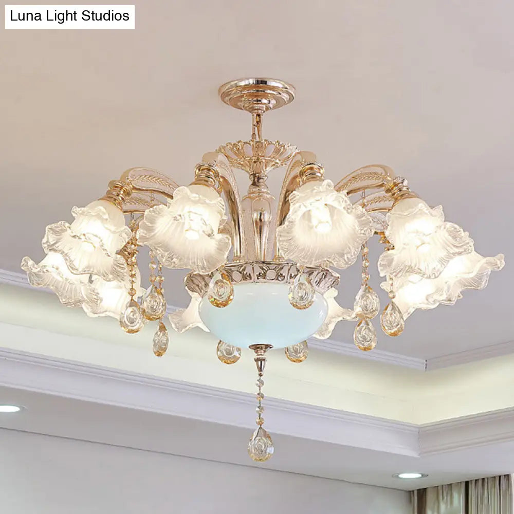 Vintage Floral Chandelier Pendant With Ribbed Ruffle Glass And Crystal Accent