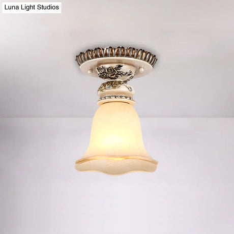 Vintage Floral Flush Ceiling Light With White Opaline Glass And Carving Pattern