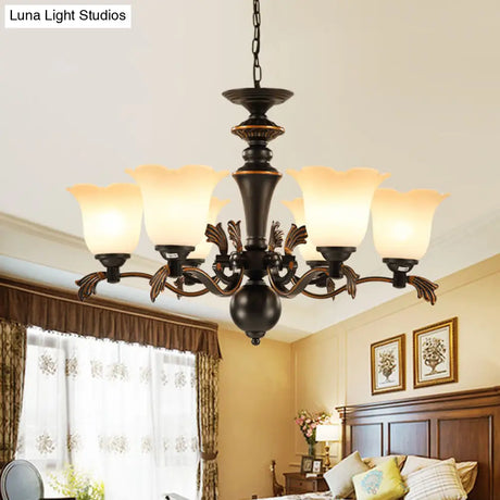 Vintage Floral Frosted Glass Chandelier - 6-Bulb Hanging Light Up Ceiling Suspension Black Finish