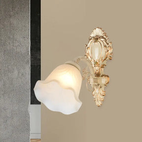 Vintage Floral Frosted Glass Wall Sconce - Beige Bedroom Mounted Light Fixture (1 Bulb)