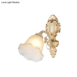 Vintage Floral Frosted Glass Wall Sconce - Beige Bedroom Mounted Light Fixture (1 Bulb)