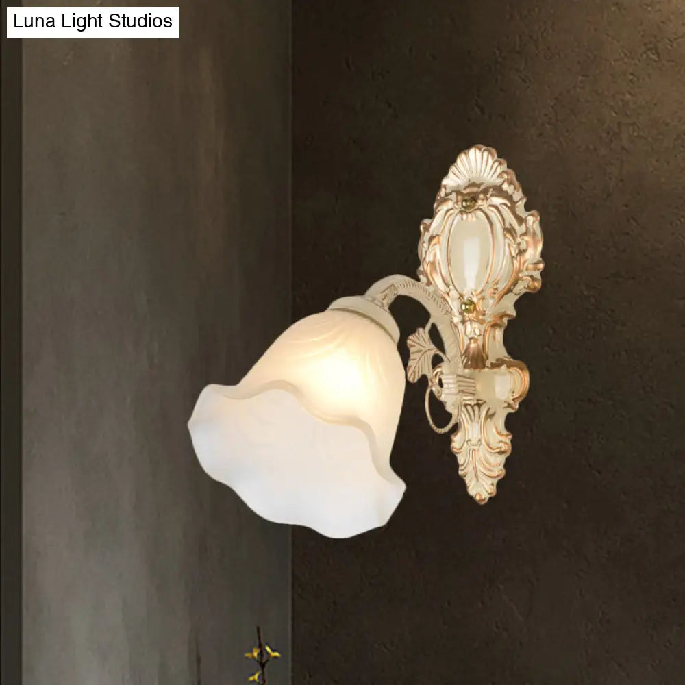 Vintage Floral Frosted Glass Wall Sconce - Beige Bedroom Mounted Light Fixture (1 Bulb)
