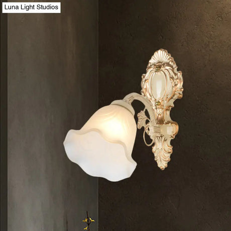 Vintage Floral Frosted Glass Wall Sconce - Beige Bedroom Mounted Light Fixture (1 Bulb)