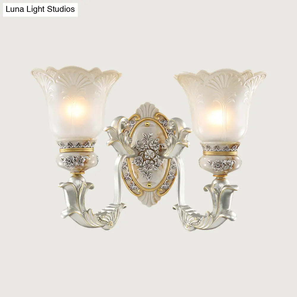 Vintage Floral Wall Lamp Kit With Frosted Glass Shade For Living Room Sconce Light In White-Gold