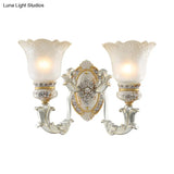 Vintage Floral Wall Lamp Kit With Frosted Glass Shade For Living Room Sconce Light In White-Gold