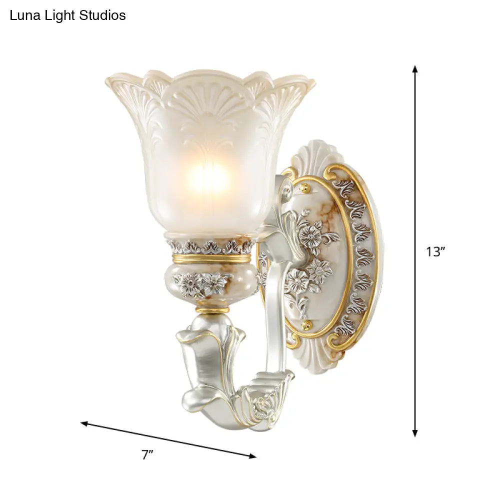 Vintage Floral Wall Lamp Kit With Frosted Glass Shade For Living Room Sconce Light In White-Gold