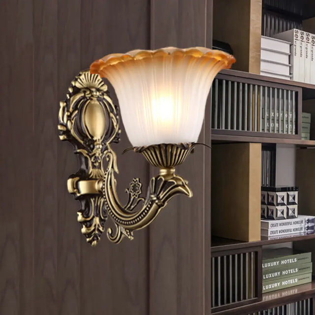 Vintage Floral Wall Sconce With Frosted Glass And Carved Brass Arm 1 /