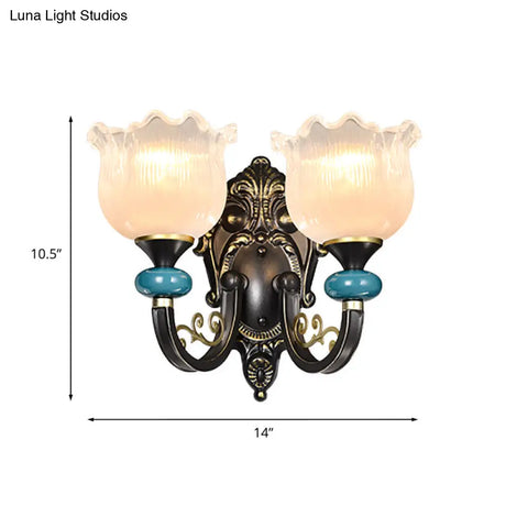 Vintage Floral Wall Sconce With Frosted Glass Shade - Bronze Metal Curvy Arm Bedroom Décor