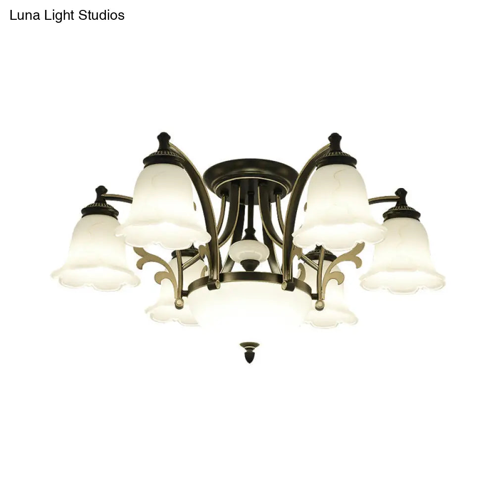 Vintage Floral White Glass Ceiling Lamp With 3/6/8 Lights For Dining Room - Semi Flush Mount In