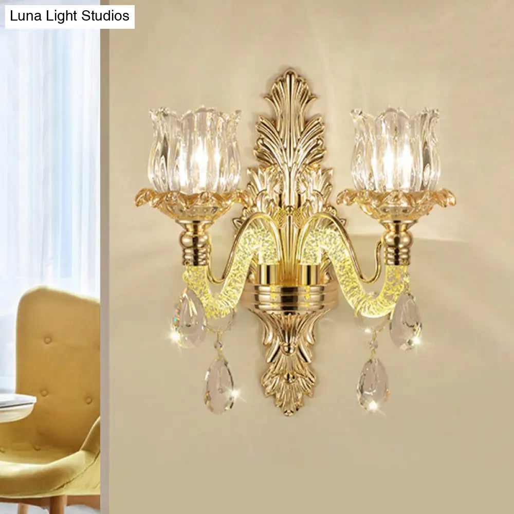 Vintage Flower Bud Glass Wall Lamp Kit In Gold With 2 Lights