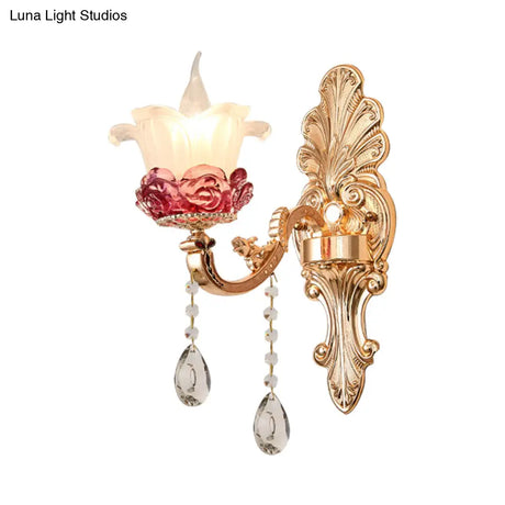 Vintage Flower Milk Glass Wall Sconce - Brass Finish With Clear Crystal Decoration