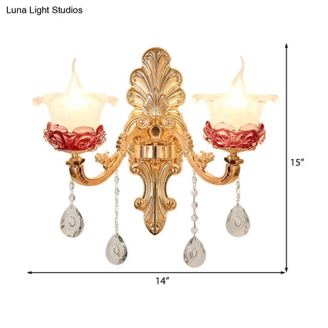 Vintage Flower Milk Glass Wall Sconce - Brass Finish With Clear Crystal Decoration