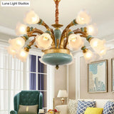 Vintage Flower Opal Frosted Glass Chandelier: Brown-Blue Hanging Light For Living Room