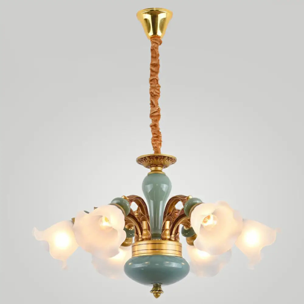 Vintage Flower Opal Frosted Glass Chandelier: Brown-Blue Hanging Light For Living Room 6 / Brown