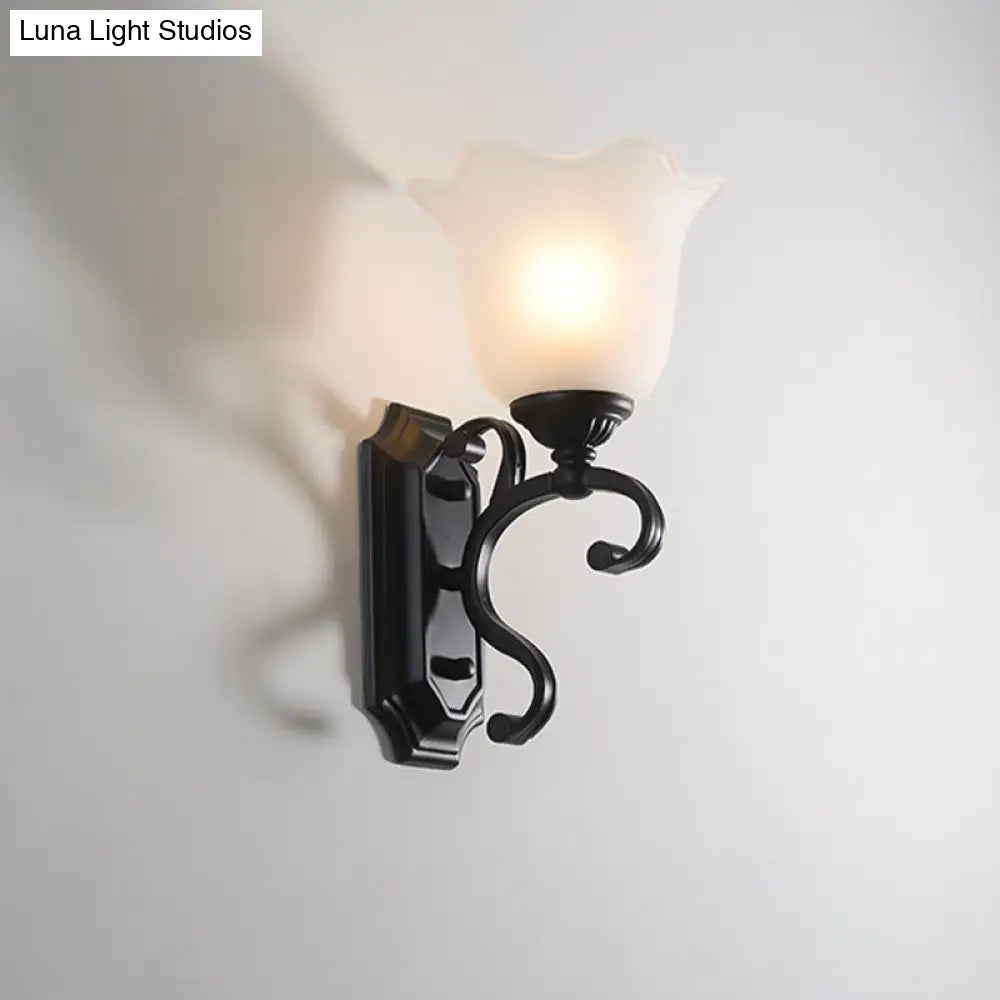 Vintage Flower Shaped Wall Mounted Lamp For Bedroom - Frost Glass Black Light