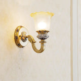 Vintage Flower Wall Light In Gold For Foyer - Frosted Glass Sconce With Metal Carved Arm