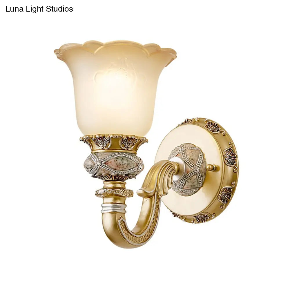 Vintage Flower Wall Light In Gold For Foyer - Frosted Glass Sconce With Metal Carved Arm