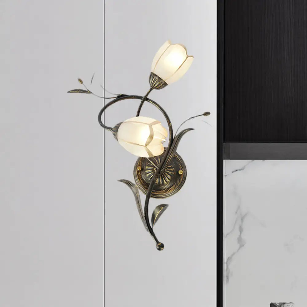 Vintage Flower Wall Sconce Lighting - Bronze Frosted Glass Light Fixture For Living Room Right/Left